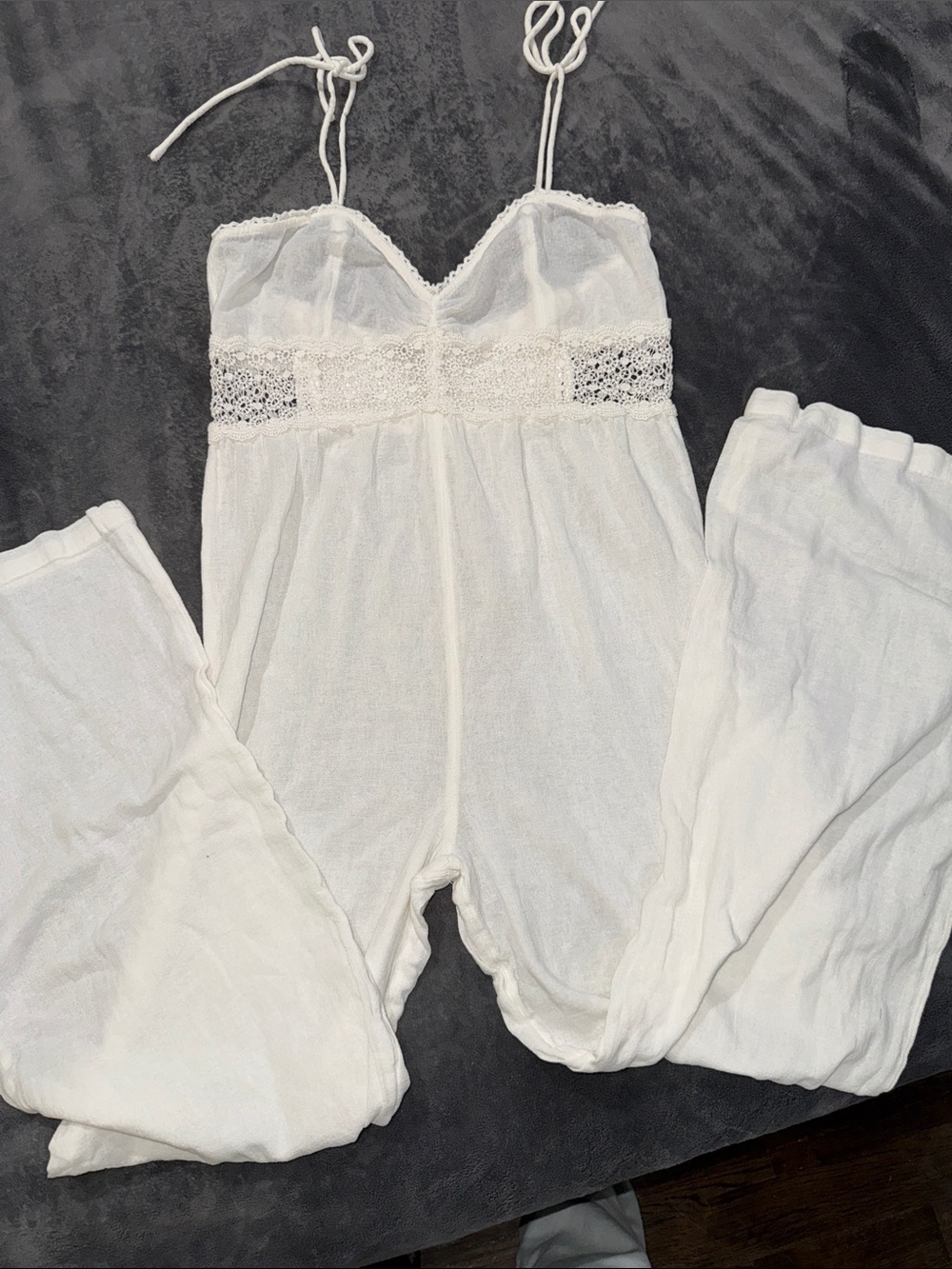 BDG White Linen Crochet-Trim Wide-Leg Jumpsuit